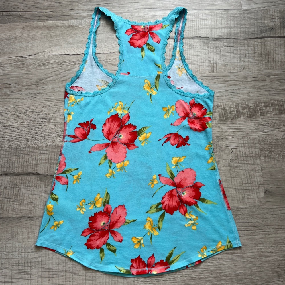 VGT Hollister Women Y2K Blue Tropical Floral Lace Trim Racerback Tank Top Medium - Picture 8 of 8
